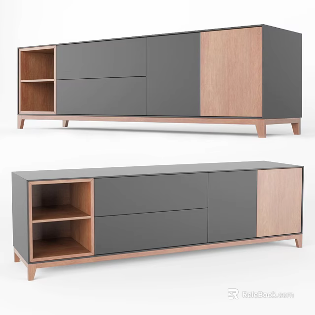 Modern TV Stand With Gray And Wooden Finish Open Shelves Drawers And Cabinets 3d model 