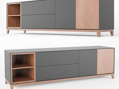 Modern TV Stand With Gray And Wooden Finish Open Shelves Drawers And Cabinets 3d model
