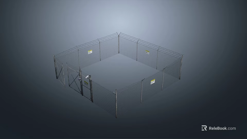 Metal Wire Mesh Fence With Security Gate For Road Infrastructure Square Structure Yellow Signs 3d model 