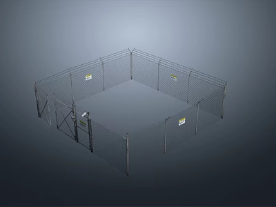 Metal Wire Mesh Fence With Security Gate For Road Infrastructure Square Structure Yellow Signs 3d model