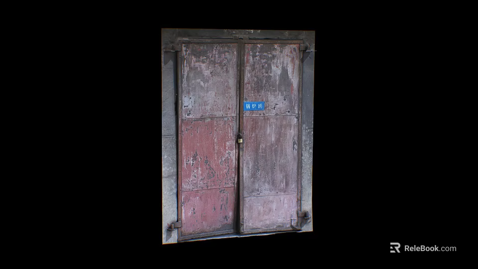 Weathered Entrance Door With Peeling Paint Double Panels And Metal Frame 3d model 