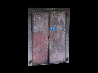Weathered Entrance Door With Peeling Paint Double Panels And Metal Frame 3d model