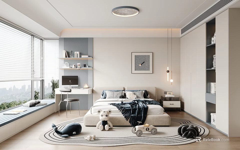 Modern Kids Room Interior With Bed Stuffed Toys Bookshelf And Playful Rug 3d model 