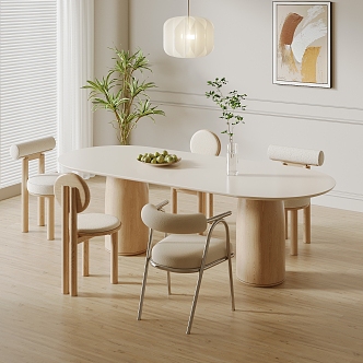 Modern Cream Style Solid Wood Dining Table and Chair Combination Fabric Backrest Chair Book Ornaments Potted Plant Decorative Painting Carpet 3d model