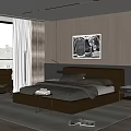 Modern Bedroom With Double Bed Leather Headboard Gray Bedding Wooden Striped Wall Black White Painting