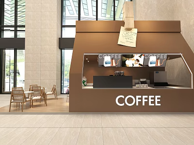 Warm Brown Coffee Shop Interior Design With Counter Display And Wooden Tables Chairs 3d model