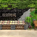 Chinese Restaurant Interior With Bamboo Decor Green Vines Wooden Table Skewers And Stone Railings