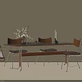 Modern Dining Table And Chairs Set With Wooden Backrest Metal Legs And Dried Flower Arrangement