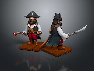Game Movie Pirate Character With Black Hat Sword Vest Red Pants Wooden Base 3d model