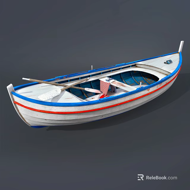Traditional Wooden Boat With White Hull Blue Red Stripes Oars And Blue Seats 3d model 