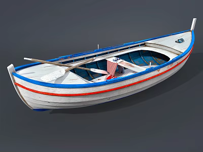 Traditional Wooden Boat With White Hull Blue Red Stripes Oars And Blue Seats 3d model