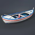 Traditional Wooden Boat With White Hull Blue Red Stripes Oars And Blue Seats