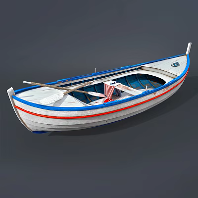 Traditional Wooden Boat With White Hull Blue Red Stripes Oars And Blue Seats 3d model