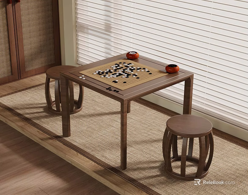 Traditional Go Table Setup With Board Pieces Stools On Tatami Mat And Wooden Blinds 3d model 