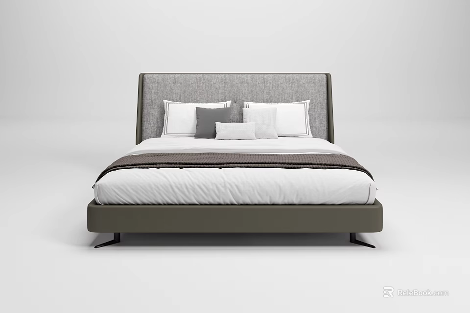 Modern Double Bed With Gray Headboard White Bedsheets And Pillows 3d model