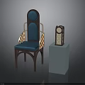 Wooden Chair With Blue Cushion Circular Backrest And Honeycomb Pattern Cabinet On Light Blue Stand