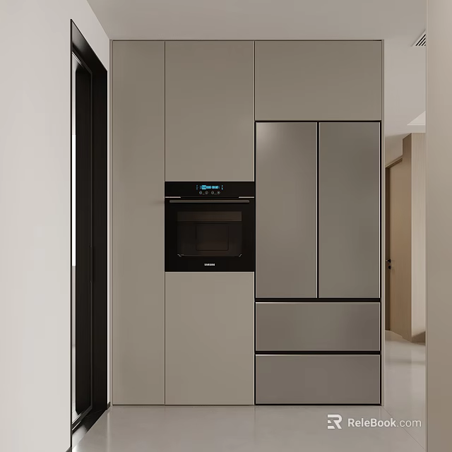Modern Sideboard Cabinet Design With Gray Storage Cabinets And Drawers In Kitchen 3d model 