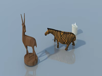 Wooden Pet Cabinet with Antelope Zebra Ornaments and Candle on Smooth Surface Light Blue Background 3d model