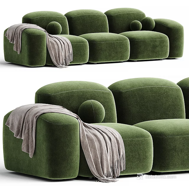 Green Three Seater Sofa With Throw Blanket In Modern Design 3d model 