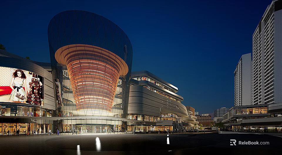 Modern Commercial Complex Night View With Glass Facade Unique Exterior And Lighting 3d model 