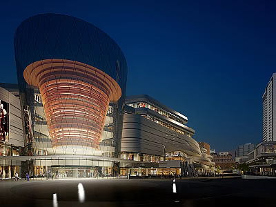 Modern Commercial Complex Night View With Glass Facade Unique Exterior And Lighting 3d model