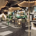 Vintage Style Family Friendly Restaurant Interior With String Lights Green Bus And Plants