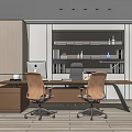 Modern Office Interior With Wooden Desk Two Chairs Computer Bookshelf And Potted Plant
