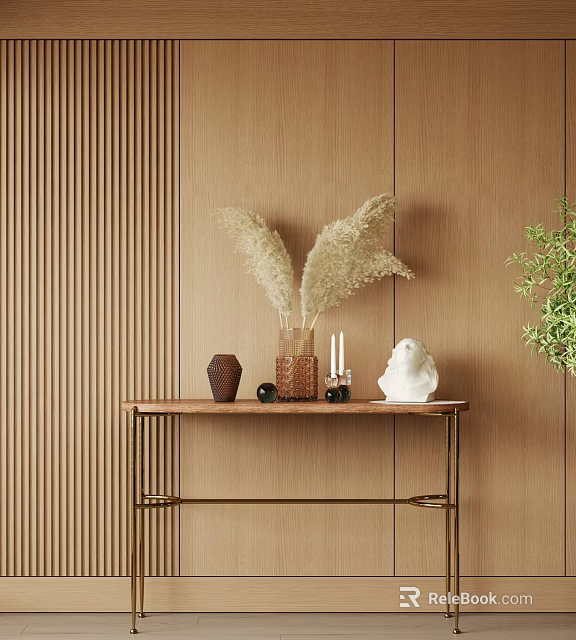 Elegant Console Table Decor With Pampas Grass Vase And Wooden Wall Backdrop 3d model