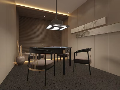 Elegant Hotel Mahjong Room With Table Chairs Pendant Light And Decorative Painting 3d model