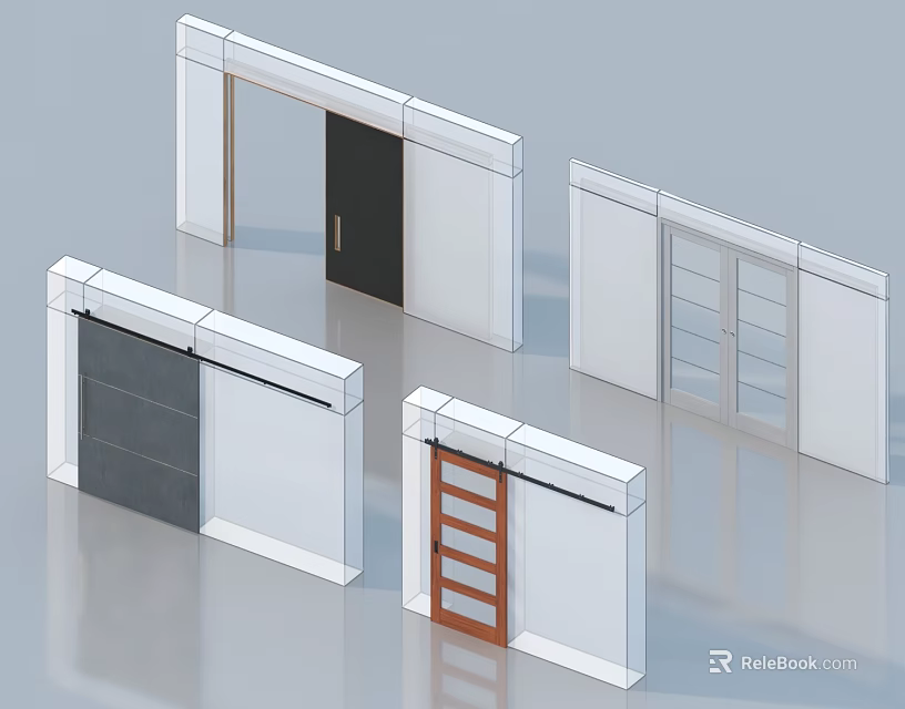 Various Modern Door Designs With Different Materials And White Frames 3d model