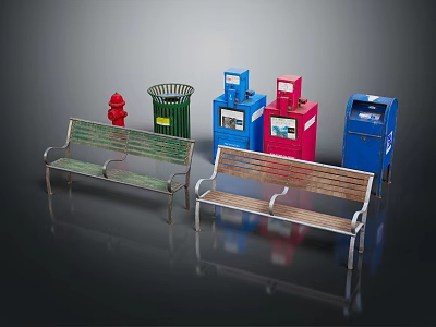 Green and Brown Outdoor Benches with Metal Frames Wooden Seats and Backrests in Urban Space 3d model