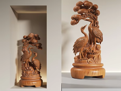 Wooden Crane and Pine Tree Sculpture with Intricate Carved Details Displayed on Wooden Base Stand 3d model