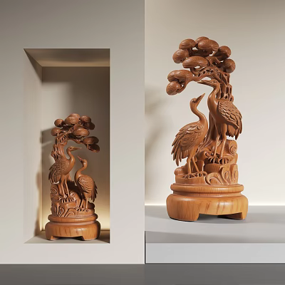Wooden Crane and Pine Tree Sculpture with Intricate Carved Details Displayed on Wooden Base Stand 3d model