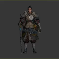 Man In Traditional Ancient Warrior Armor Holding Sword Standing On Neutral Background