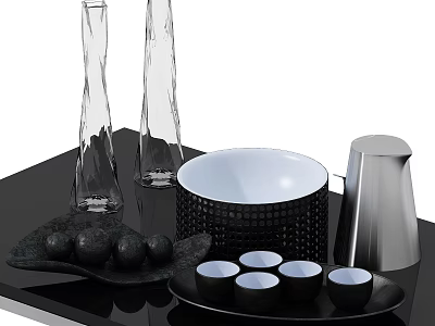 Modern Tea Set With Black Cups Tray And Glass Vases On Table 3d model