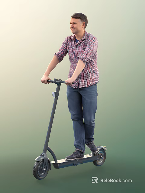 A Man Riding Electric Scooter In Plaid Shirt And Jeans For Urban Travel 3d model 