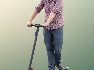 A Man Riding Electric Scooter In Plaid Shirt And Jeans For Urban Travel 3d model