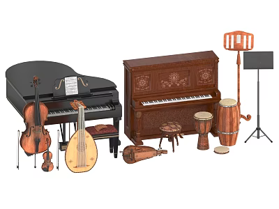 Collection of Musical Instruments Including Grand Piano Upright Piano Cello Lute Drums and Music Stand 3d model