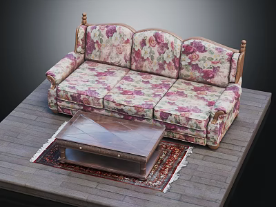 Three Seater Floral Print Upholstered Sofa With Wooden Coffee Table And Patterned Rug 3d model