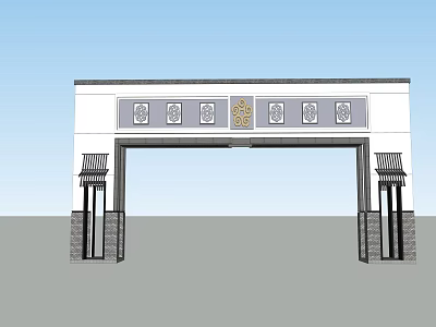 Traditional Chinese Entrance Gate With White Body Golden Emblem Side Pillars And Decorative Patterns 3d model