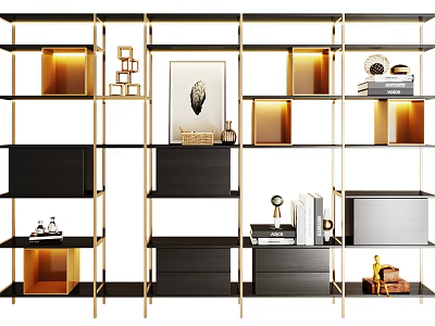 Stylish Black and Gold Storage Shelf Unit with Multiple Shelves Books and Decorative Items 3d model
