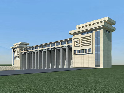 Modern Beige Building With Symmetrical Columns Tower Structure Green Lawn And Blue Sky 3d model