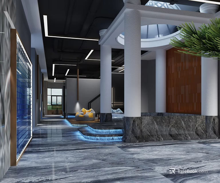 Elegant Modern SPA Sauna Interior With Marble Columns Water Features And Ambient Lighting 3d model 