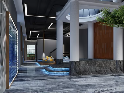 Elegant Modern SPA Sauna Interior With Marble Columns Water Features And Ambient Lighting 3d model