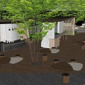 Modern Outdoor Pergola Design With Green Trees Wooden Tables Chairs And Bar Counter