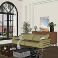 Modern Living Room with Green Multi-Seat Sofa Throw Pillows Plants Floor Lamp And Decorative Painting