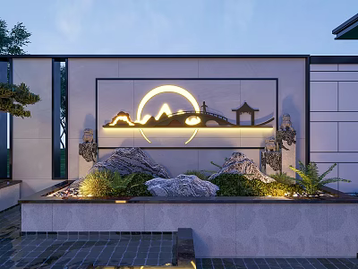 Outdoor Lights Decorating Mountain Pattern Wall With Traditional Architecture Rockery And Garden Plants 3d model
