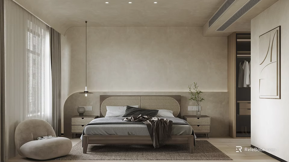 Minimalist Modern Bedroom Interior Design With Beige Walls Bed Pendant Light And Area Rug 3d model 