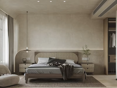 Minimalist Modern Bedroom Interior Design With Beige Walls Bed Pendant Light And Area Rug 3d model