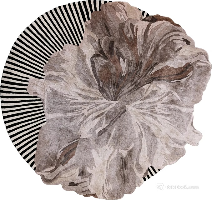 Stylish Floral Pattern Round Carpet Featuring Black White Stripes Design 3d model 